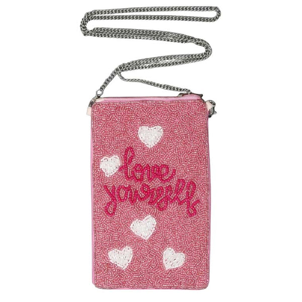 Pink Love Yourself Seed Beaded Phone Purse, This gorgeous Purse is going to be your absolute favorite new purchase! It features an adjustable and detachable chain strap, an upper zipper closure with a beautiful seed-beaded design. Ideal for keeping your phone, money, bank cards, lipstick, coins, and other small essentials in one place.