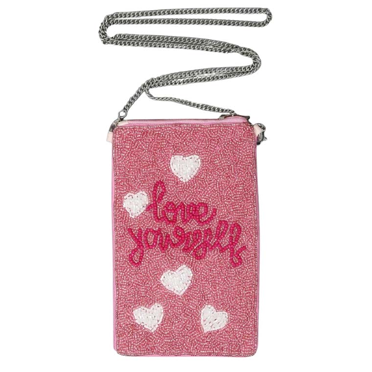 Pink Love Yourself Seed Beaded Phone Purse, This gorgeous Purse is going to be your absolute favorite new purchase! It features an adjustable and detachable chain strap, an upper zipper closure with a beautiful seed-beaded design. Ideal for keeping your phone, money, bank cards, lipstick, coins, and other small essentials in one place.