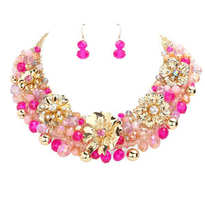 Pink Metal Flower Accented Beaded Collar Necklace