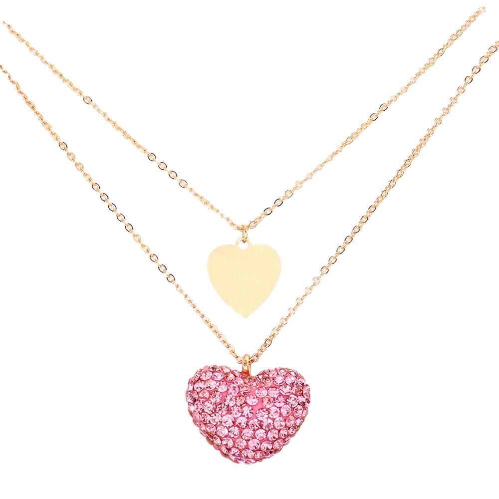 Pink Metal Rhinestone Pave Heart Pendant Double Layered Necklace, This beautiful heart-themed pendant necklace is the ultimate representation of your class & beauty. Get ready with these heart pendant necklaces to receive compliments putting on a pop of color to complete your ensemble in perfect style for anywhere, any time.