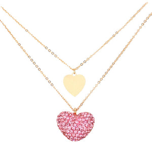 Pink Metal Rhinestone Pave Heart Pendant Double Layered Necklace, This beautiful heart-themed pendant necklace is the ultimate representation of your class & beauty. Get ready with these heart pendant necklaces to receive compliments putting on a pop of color to complete your ensemble in perfect style for anywhere, any time.