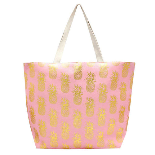 Metallic Pineapple Patterned Beach Tote Bag - Pink