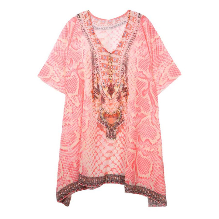 Pink Mixed Print Poncho, this Cover Up poncho featuring mixed print and a relaxed silhouette. Lightweight and Breathable Fabric, Close to Skin, Comfortable to Wear. Suitable for Weekend, Work, Holiday, Beach, Party, Club, Night, Evening, Date, Casual and Other Occasions in Spring, Summer and Autumn.