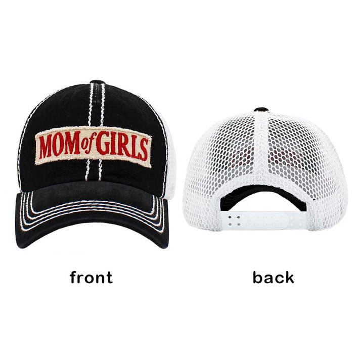 Pink Mom Of Girls Message Mesh Back Baseball Cap. Fun cool message themed Mom Of Girl baseball cap is made for you. It's fully adjustable and easy to style! Perfect to keep your hair away from you face while exercising, running, playing tennis or just taking a walk outside. Adjustable Velcro strap gives you the perfect fit. The variation color gives it an awesome vintage look.