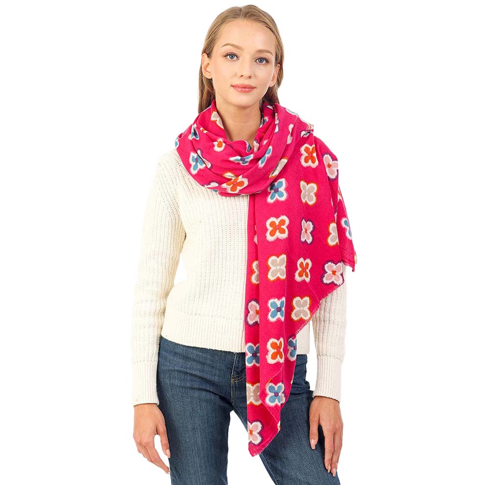 Pink Multi Colored Quatrefoil Printed Oblong Scarf, beautifully quatrefoil printed design makes your beauty more enriched while wearing this oblong scarf. Great to wear daily in the cold winter to protect you against the cold weather & chill. It amplifies the glamour with a polyester material that feels amazing and snuggled up against your cheeks. This scarf is a versatile choice that can be worn in many ways. 