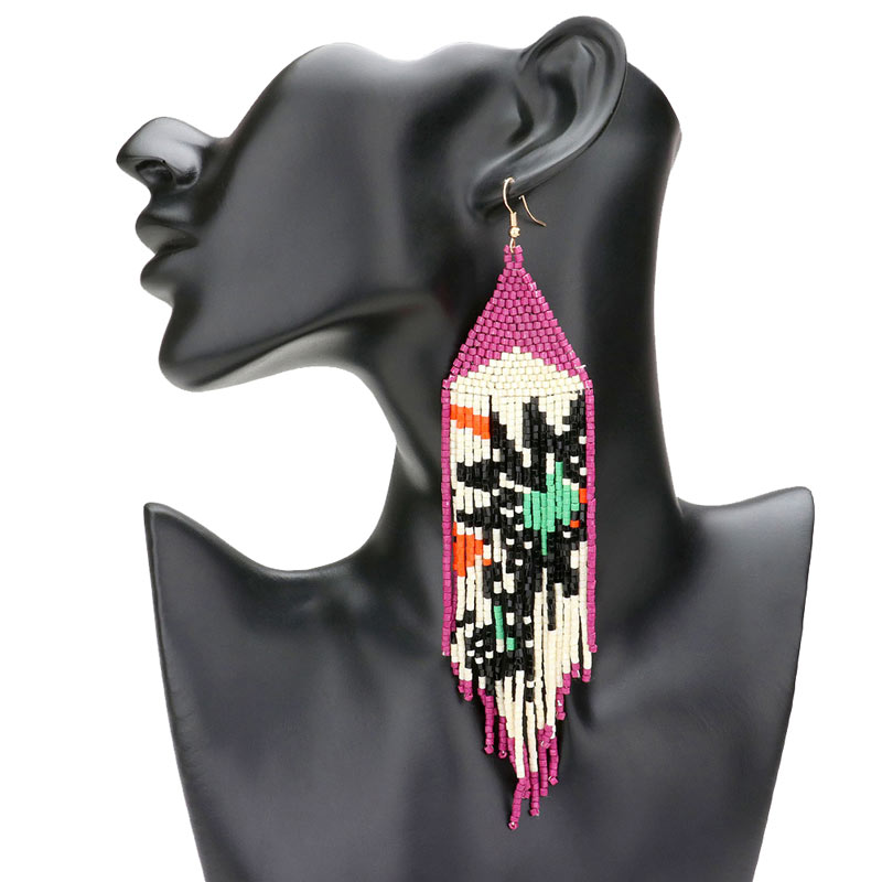 Pink Multi Pattern Detailed Beaded Fringe Dangle Earrings, Pattern Detailed Beaded fringe dangle earrings are fun handcrafted jewelry that fits your lifestyle, adding a pop of pretty multi-color. These fringe-themed earrings are perfect for an anniversary gift, birthday gift, or valentine's day gift for an of any age.