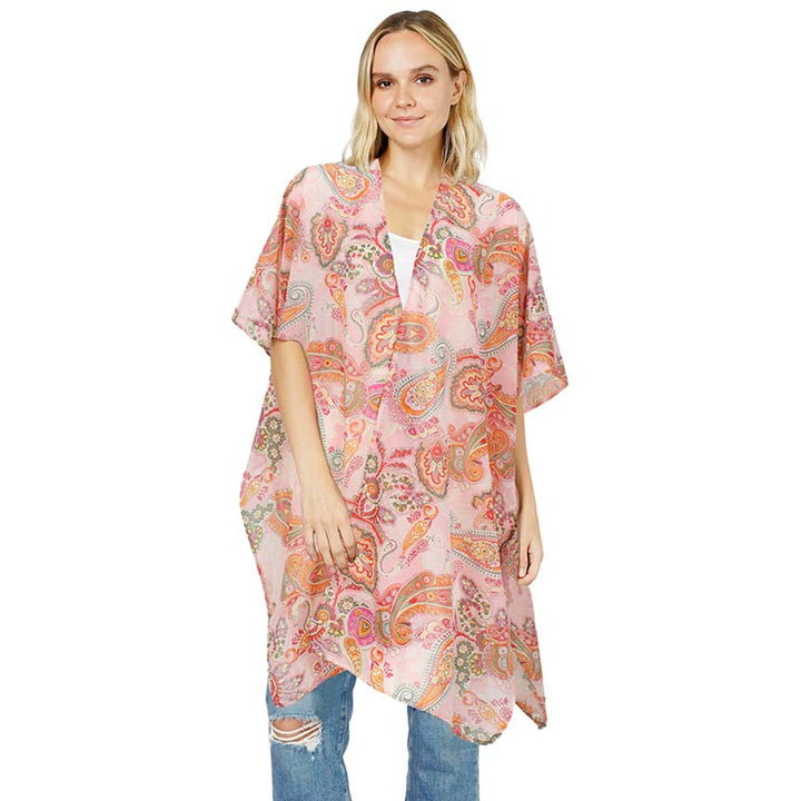 Pink Paisley Patterned Cover Up Kimono Poncho, beautifully paisley-patterned Poncho is made of soft and breathable material that amps up your real and gorgeous look with a perfect attraction anywhere, anytime. Its eye-catchy design makes you stand out. Coordinate this cover-up kimono with any ensemble to finish in perfect style and get ready to receive beautiful compliments.