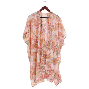 Pink Paisley Patterned Cover Up Kimono Poncho, beautifully paisley-patterned Poncho is made of soft and breathable material that amps up your real and gorgeous look with a perfect attraction anywhere, anytime. Its eye-catchy design makes you stand out. Coordinate this cover-up kimono with any ensemble to finish in perfect style and get ready to receive beautiful compliments.