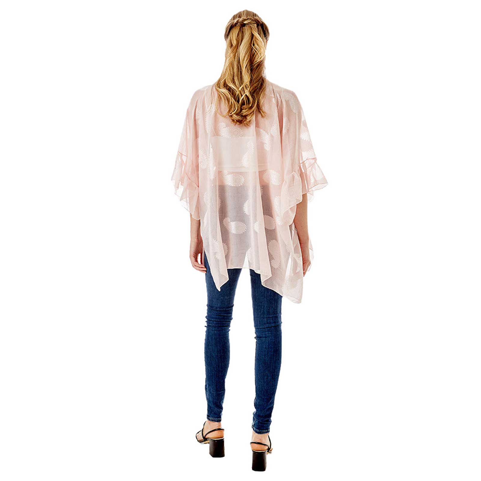 Pink Paisley Patterned Sheer Ruffle Sleeves Cover Up Kimono Poncho, The lightweight Kimono poncho top is made of soft and breathable Polyester material. short sleeve swimsuit cover up with open front design, simple basic style, easy to put on and down. Perfect Gift for Wife, Mom, Birthday, Holiday, Anniversary, Fun Night O
