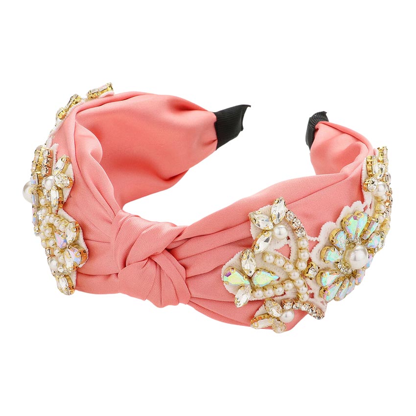 Pink Pearl Stone Embellished Flower Burnout Knot Headband, the combination of stone sewn on an oversized headband will make you feel glamorous. Be ready to receive compliments. Be the ultimate trendsetter wearing this chic headband with all your stylish outfits! Exquisite enough to use on the wedding day.