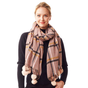 Pink Plaid Check Patterned Pom Pom Oblong Scarf, accent your look with this soft, highly versatile plaid scarf. A rugged staple brings a classic look, adds a pop of color & completes your outfit, keeping you cozy & toasty. Perfect Gift Birthday, Holiday, Christmas, Anniversary, Valentine's Day