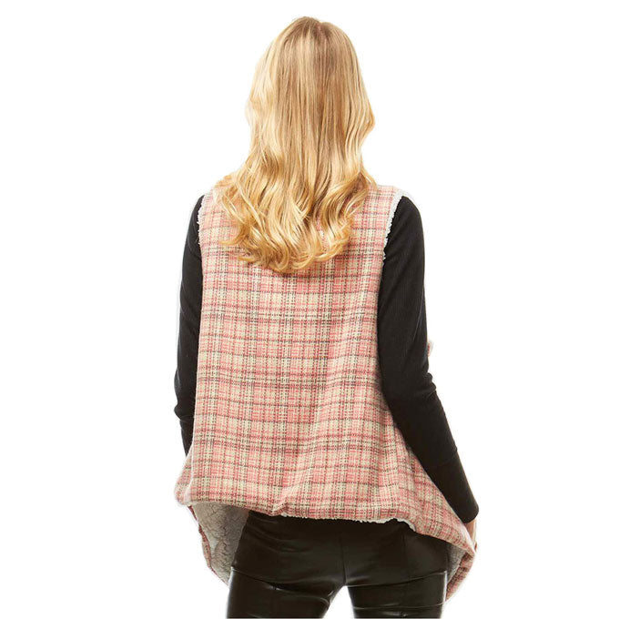 Pink Plaid Faux Fur Lining and Pocket Vest, the perfect accessory, luxurious, trendy, super soft chic capelet, keeps you warm and toasty. You can throw it on over so many pieces elevating any casual outfit! Perfect Gift for Wife, Mom, Birthday, Holiday, Christmas, Anniversary, Fun Night Out
