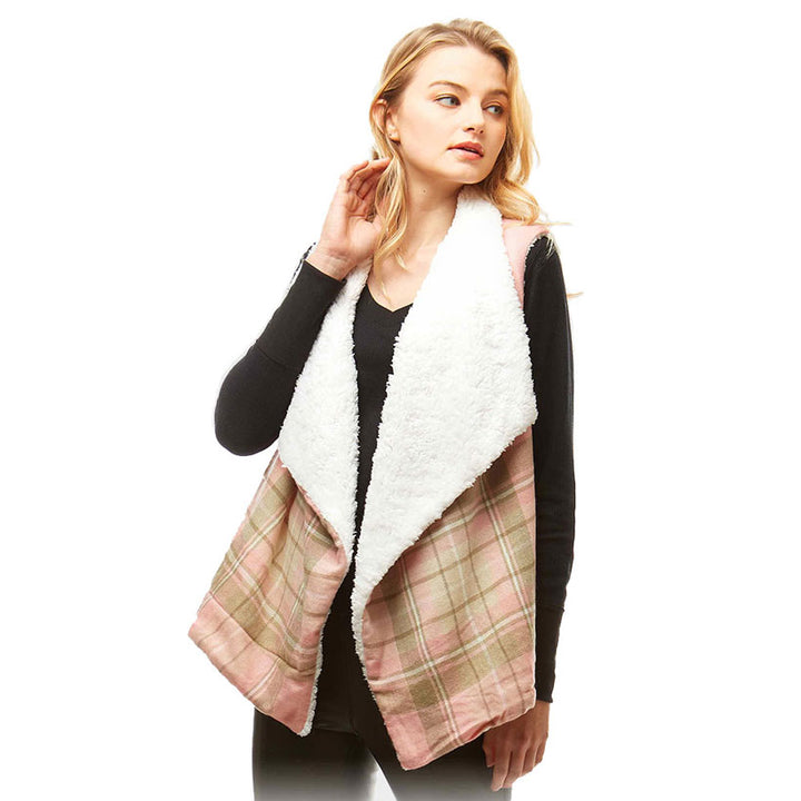 Pink Plaid Faux Fur Lining and Pocket Vest, the perfect accessory, luxurious, trendy, super soft chic capelet, keeps you warm and toasty. You can throw it on over so many pieces elevating any casual outfit! Perfect Gift for Wife, Mom, Birthday, Holiday, Christmas, Anniversary, Fun Night Out