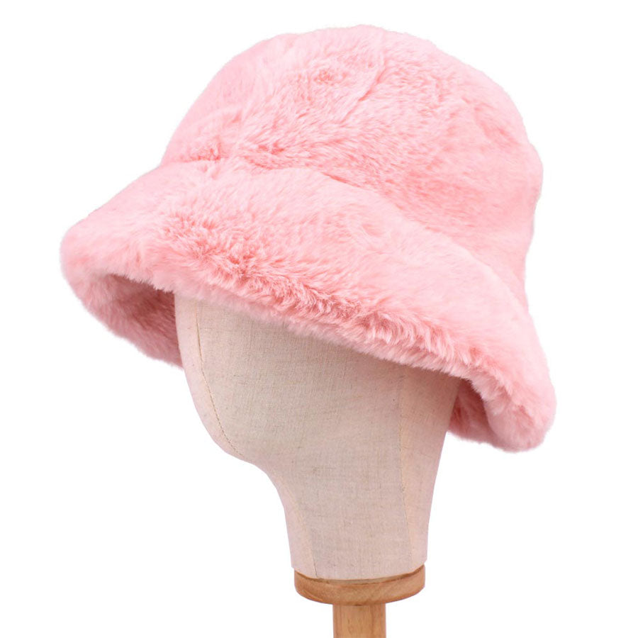 Pink Polyester Faux Fur Bucket Hat, stay warm and cozy, protect yourself from the cold, this most recongizable look with remarkable bold, soft & chic bucket hat, features a rounded design with a short brim. The hat is foldable, great for daytime. Perfect Gift for cold weather!