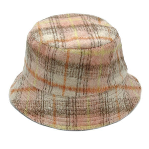 Pink Polyester Plaid Check Patterned Bucket Hat, this bucket hat doubles as a rain hat and is snug on the head and stays on well. It will work well to keep the rain off the head and out of the eyes and also the back of the neck. Wear it to lend a modern liveliness above a raincoat on trans-seasonal days in the city.