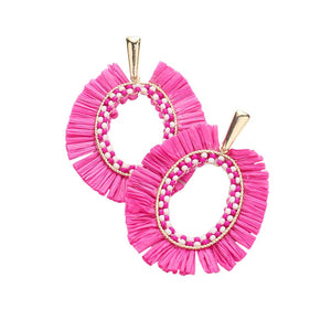 Pink Raffia Trimmed Open Oval Dangle Earrings, enhance your attire with these beautiful open oval dangle earrings to show off your fun trendsetting style. Can be worn with any daily wear such as shirts, dresses, T-shirts, etc. These raffia dangle earrings will garner compliments all day long. Whether day or night, on vacation, or on a date, whether you're wearing a dress or a coat, these earrings will make you look more glamorous and beautiful.