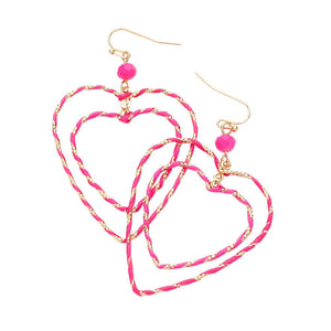 Pink Raffia Wrapped Double Open Heart Link Dangle Earrings, enhance your attire with these beautiful raffia-wrapped dangle earrings to show off your fun trendsetting style. It can be worn with any daily wear such as shirts, dresses, T-shirts, etc. These heart-link dangle earrings will garner compliments all day long. 