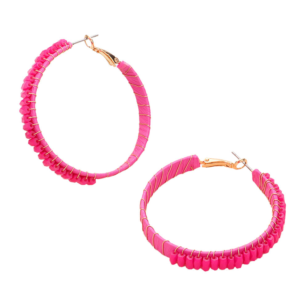 Pink Rectangle Bead Trimmed Raffia Wrapped Hoop Earrings, enhance your attire with these beautiful raffia-wrapped hoop earrings to show off your fun trendsetting style. It can be worn with any daily wear such as shirts, dresses, T-shirts, etc. These hoop earrings will garner compliments all day long. Whether day or night, on vacation, or on a date, whether you're wearing a dress or a coat, these earrings will make you look more glamorous and beautiful. 