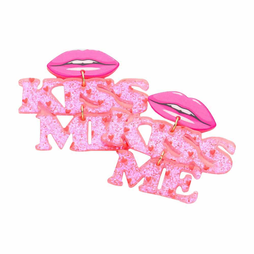 Pink Resin Lips Glittered KISS ME Message Link Dangle Earrings, Beautifully crafted design adds a gorgeous glow to your outfit. Special design and unique structure make you more attractive on this occasion. Accent all of your dresses with the extra fun vibrant color with these lip-themed kiss me message link dangle earrings.