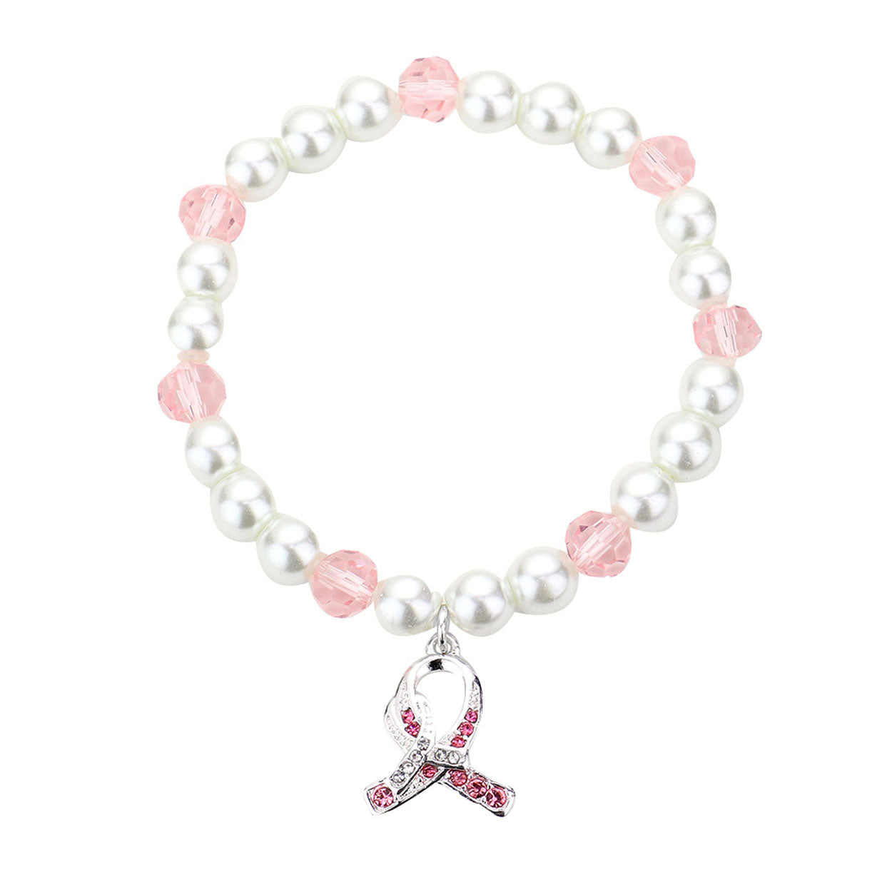 Pink Rhinestone Pink Ribbon Charm Pearl Stretch Bracelet, cute pearl stretch and subtle sleek style, just what you need to update your wardrobe. Bring a little of the ocean to your daily look. Jewelry that fits your lifestyle. Perfect Birthday Gift, Anniversary Gift, Mother's Day Gift, Mom Gift, Thank you Gift, Just Because Gift, Daily Wear.