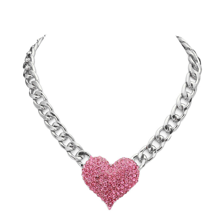 Pink Rhodium Heart Rhinestone Pave Chunky Metal Chain Necklace, Get ready with these Metal Chain  Necklace, put on a pop of color to complete your ensemble. Perfect for adding just the right amount of shimmer & shine and a touch of class to special events. Perfect Birthday Gift, Anniversary Gift, Mother's Day Gift, Graduation Gift.