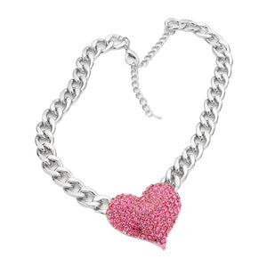 Pink Rhodium Heart Rhinestone Pave Chunky Metal Chain Necklace, Get ready with these Metal Chain  Necklace, put on a pop of color to complete your ensemble. Perfect for adding just the right amount of shimmer & shine and a touch of class to special events. Perfect Birthday Gift, Anniversary Gift, Mother's Day Gift, Graduation Gift.