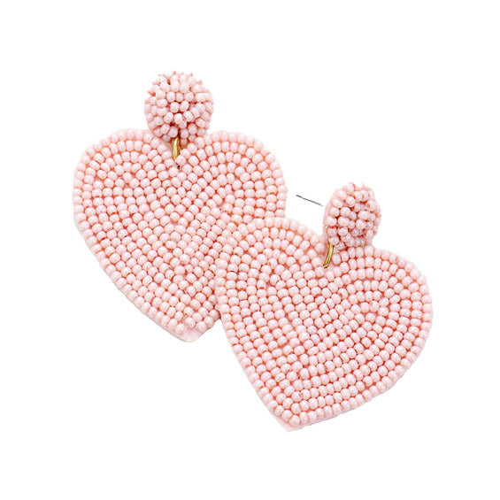 Pink Seed Beaded Heart Earrings, handcrafted with care