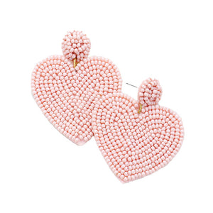 Pink Seed Beaded Heart Earrings, handcrafted with care