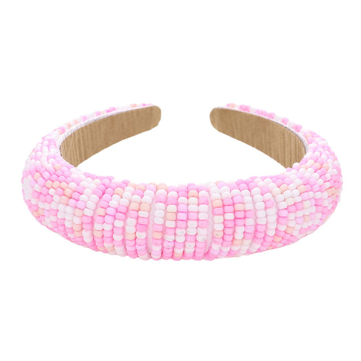 Pink Seed Beaded Padded Headband, create a natural & beautiful look while perfectly matching your color with the easy-to-use padded headband. Push your hair back and spice up any plain outfit with this seed-beaded headband! Be the ultimate trendsetter & be prepared to receive compliments wearing this chic headband with all your stylish outfits! Add a super neat and trendy knot to any boring style.