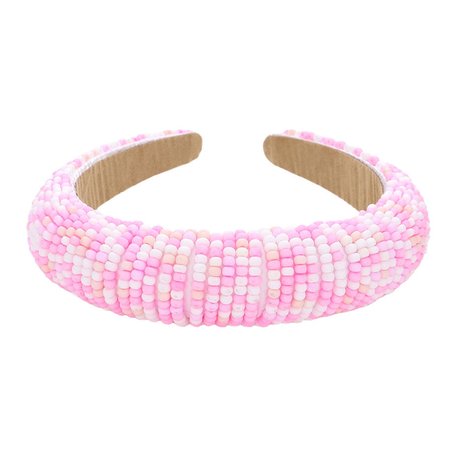 Pink Seed Beaded Padded Headband, create a natural & beautiful look while perfectly matching your color with the easy-to-use padded headband. Push your hair back and spice up any plain outfit with this seed-beaded headband! Be the ultimate trendsetter & be prepared to receive compliments wearing this chic headband with all your stylish outfits! Add a super neat and trendy knot to any boring style.