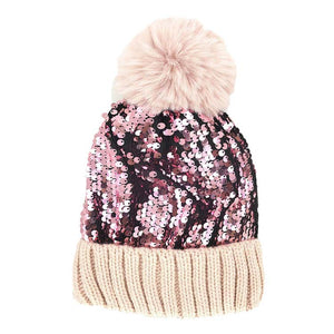 Pink Sequin Pom Pom Knit Beanie Hat, Knitted Beanie is designed with sequins and pom pom, chic and lovely, to make you more charming and attractive in autumn and winter. The beanie hat for women is made from high-quality material and sequins, which is chunky and warm, making it ideal for winter warmth, while be stylish in the crowds at the same time.