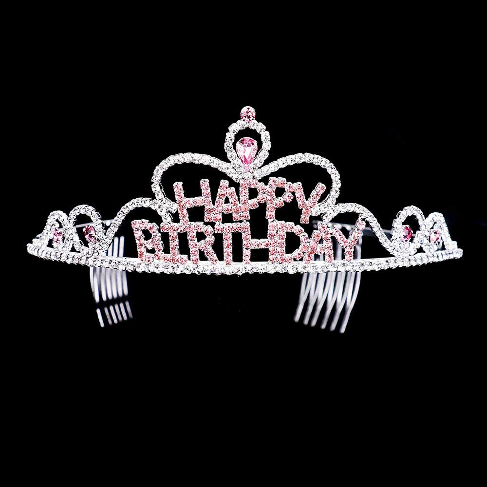 Pink Silver Teardrop Crystal Rhinestone Happy Birthday Tiara. Turn any cake into a royal treat for your daughter's princess-themed birthday party with this Tiara. Ideal for dolling up the guest of honor on her special day, this party tiara also makes a fun cake decoration. 