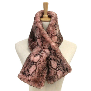 Pink Snake Skin Patterned Faux Fur Pull Through Scarf, delicate, warm, on trend & fabulous, a luxe addition to any cold-weather ensemble. Great for daily wear in the cold winter to protect you against chill, classic infinity-style scarf & amps up the glamour with plush material that feels amazing snuggled up against your cheeks.