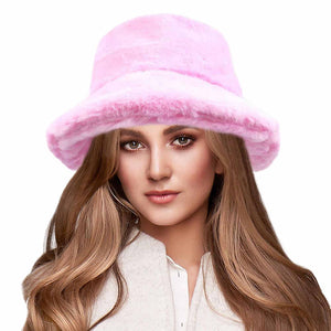 Pink Soft Faux Fur Bucket Hat, stay warm and cozy, protect yourself from the cold, this most recognizable look with remarkable bold, soft & chic bucket hat, features a rounded design with a short brim. The hat is foldable, great for daytime. Perfect Gift for cold weather; Black, Brown, Burgundy; 100% Acrylic;