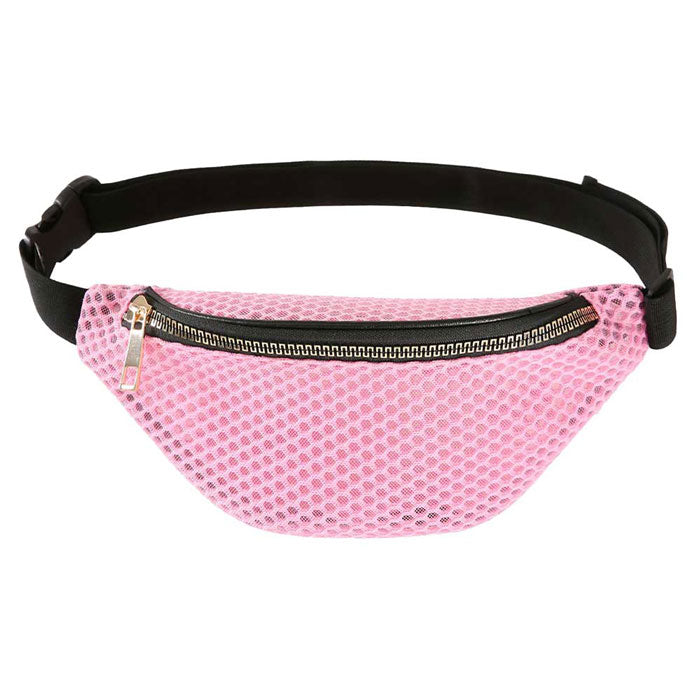 Pink Solid Mesh Fanny Pack. The adjustable lightweight mesh waist pouch features room to carry what you need for those longer walks or trips. It's also a must have for any vacation you plan on taking! The mesh net fanny pack for women could keep all your documents, Phone, Travels, Money, Cards, keys, etc in one compact place, and comfortables located within arm's reach. It can be thrown over the shoulder, across the chest around the waist.