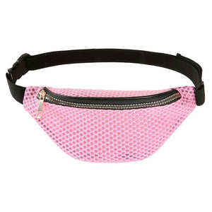 Pink Solid Mesh Fanny Pack. The adjustable lightweight mesh waist pouch features room to carry what you need for those longer walks or trips. It's also a must have for any vacation you plan on taking! The mesh net fanny pack for women could keep all your documents, Phone, Travels, Money, Cards, keys, etc in one compact place, and comfortables located within arm's reach. It can be thrown over the shoulder, across the chest around the waist.