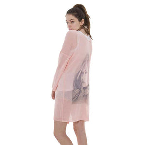 Pink Solid Portrait Print on Back Cardigan. Delicate open front floral lace beach cover-up featuring wide sleeves and hip length. Beach or Poolside chic is made easy with this lightweight cover-up featuring flower detail and a relaxed silhouette, look perfectly breezy and laid-back as you head to the beach. Also an accessory easy to pair with so many tops! From stylish layering camis to relaxed tees, you can throw it on over so many pieces elevating any casual outfit! Great gift idea.
