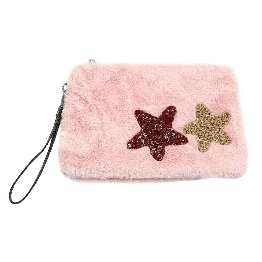 Pink Star Patches Fuzzy Faux Fur Wristlet Clutch Bag, It looks like the ultimate fashionista while carrying this trendy faux fur Clutch bag! Different colors give you the choice to take your own. It will be your new favorite accessory to hold onto all your little necessary like - keys, card, makeups, phone, wallet etc. A caring gift for ones you care.