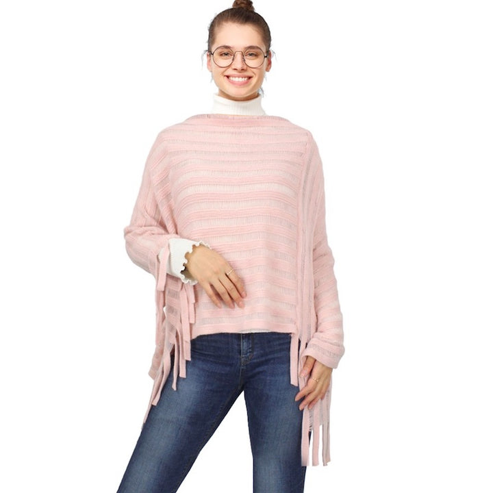 Pink Stripe Texture Fringe Detailed Knit Shawl Cape Poncho Outwear Cover Up, the perfect accessory, luxurious, trendy, super soft chic capelet, keeps you warm & toasty. You can throw it on over so many pieces elevating any casual outfit! Perfect Gift Birthday, Holiday, Christmas, Anniversary, Wife, Mom, Special Occasion