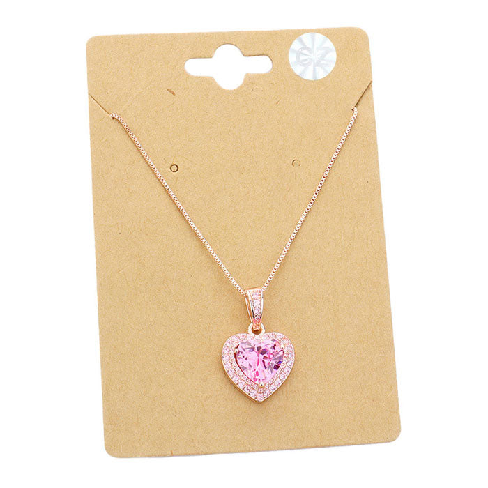 Pink Stylish CZ Heart Pendant Necklace, Get ready with these Heart Pendant Necklace, put on a pop of color to complete your ensemble. Perfect for adding just the right amount of shimmer & shine and a touch of class to special events. Perfect Birthday Gift, Anniversary Gift, Mother's Day Gift, Graduation Gift.