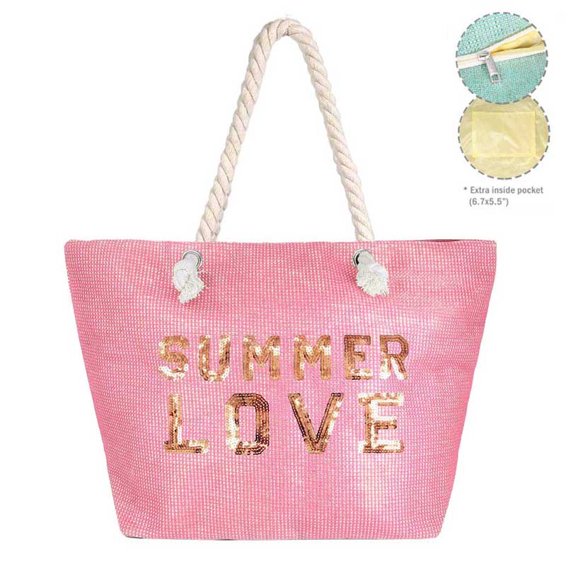 Pink Summer Love Message Glitz Beach Tote Bag, Whether you are out shopping, going to the pool or beach, this tote bag is the perfect accessory. Spacious enough for carrying all of your essentials. Perfect as a beach bag to carry foods, drinks, towels, swimsuit, toys, flip flops, sun screen and more. Gift idea for your loving one!