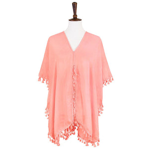 Pink Tassel Trimmed Solid Cover Up, Luxurious, trendy, super soft chic capelet, keeps you warm and toasty. You can throw it on over so many pieces elevating any casual outfit! Perfect Gift for Wife, Birthday, Holiday, Christmas, Anniversary, Fun Night Out.