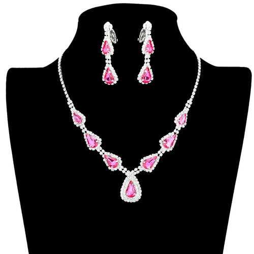 Teardrop Stone Accented Rhinestone Pave Necklace - Pink