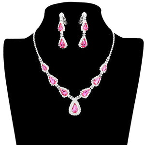 Pink Teardrop Stone Accented Rhinestone Pave Necklace, brings a gorgeous glow to your outfit to show off the royalty on any special occasion. These gorgeous Rhinestone pieces will show your class in any special occasion. The elegance of these Rhinestone goes unmatched, great for wearing at a party! Perfect jewelry to enhance your look. Awesome gift for birthday, Anniversary or any special occasion.