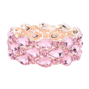 Pink Teardrop Stone Cluster Stretch Evening Bracelet, These gorgeous Teardrop stone pieces will show your class on any special occasion. Eye-catching sparkle, the sophisticated look you have been craving for! These bracelets are perfect for any event whether formal or casual or for going to a party or special occasion.