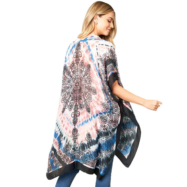 Pink Tie Dye Boho Printed Cover Up Kimono Poncho, The lightweight poncho top is made of soft and breathable Polyester material. short sleeve swimsuit cover up with open front design, simple basic style, easy to put on and down. Perfect Gift for Wife, Mom, Birthday, Holiday, Anniversary, Fun Night Ou