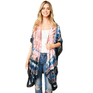 Pink Tie Dye Boho Printed Cover Up Kimono Poncho, The lightweight poncho top is made of soft and breathable Polyester material. short sleeve swimsuit cover up with open front design, simple basic style, easy to put on and down. Perfect Gift for Wife, Mom, Birthday, Holiday, Anniversary, Fun Night Ou