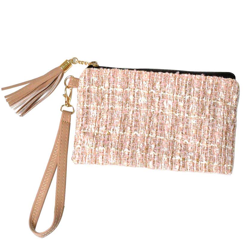 Pink Tweed Lurex Wristlet Pouch Bag. put in your bag, and find quickly with its bright colors. This wristlet clutch bag is lightweight and has a detachable strap that helps to carry more comfortably. Great for running small errands while keeping your hands free. An ideal accessory to carry handy items. A beautiful gift item for birthdays, anniversaries, Christmas, etc.