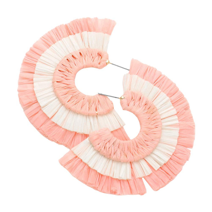 Pink Two Tone Raffia Half Round Earrings, enhance your attire with these beautiful raffia half-round earrings to show off your fun trendsetting style. Can be worn with any daily wear such as shirts, dresses, T-shirts, etc. These half-round earrings will garner compliments all day long. Whether day or night, on vacation, or on a date, whether you're wearing a dress or a coat, these earrings will make you look more glamorous and beautiful. 