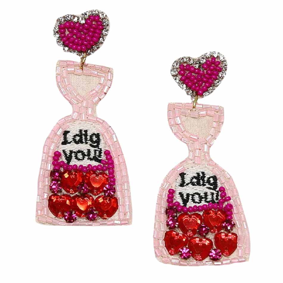 Pink Valentines I Dig You Bottle Seed Bead Earrings, These bottle earrings feature a cool, decidedly chic, and always fun, the beaded earrings combine a feminine heart and bottle silhouette with a palette crafted entirely of seed beads, fun handcrafted jewelry that fits your lifestyle, adding a pop of pretty color. It is so fun to be able to have lightweight cute earrings for every day of Valentine's week.